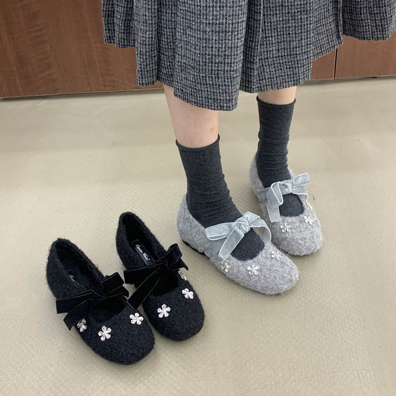 水钻灰色加绒毛毛鞋子女冬2025年新款法式仙女厚绒买鞋内增高棉鞋