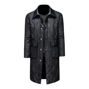 冬季新款中长款羽绒服男皮料拼接白鸭绒菱格修身加厚保暖休闲外套