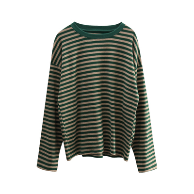 黑灰条纹纯棉长袖T恤打底衫女2024韩版秋冬加厚磨毛棉上衣打底衫