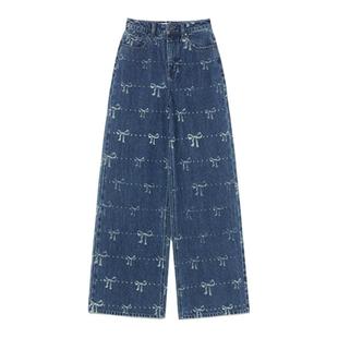 self-portrait 秋冬牛仔蓝甜美蝴蝶结印花牛仔直筒阔腿裤