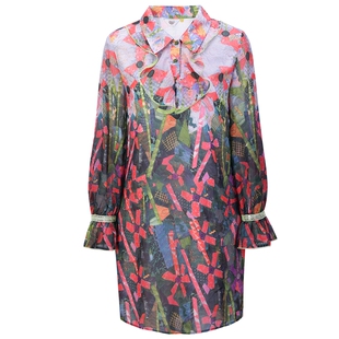 tanni商场同款复古宫廷荷叶边polo领雪纺衬衫连衣裙TL11DR123A