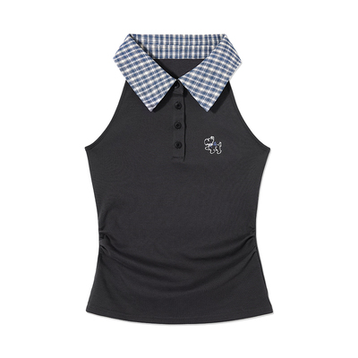 PSOBrand女装【假两件】可爱小狗刺绣格纹polo领女士无袖背心夏季