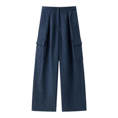 进口100%亚麻蓝色牛仔裤女夏季