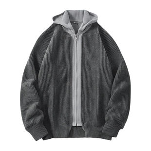 青少年灰色假两件毛衣男秋季针织衫拉链开衫连帽上衣外套2025新款