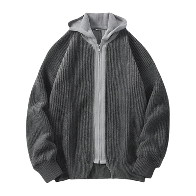 假两件设计开衫连帽宽松版型毛衣