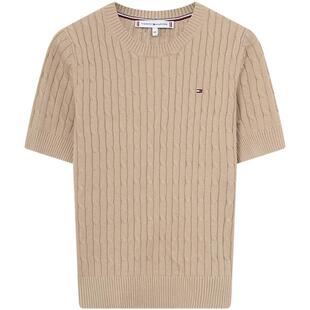 Tommy26春夏新款女优雅通勤粗绞花纯色修身圆领麻花短袖针织衫