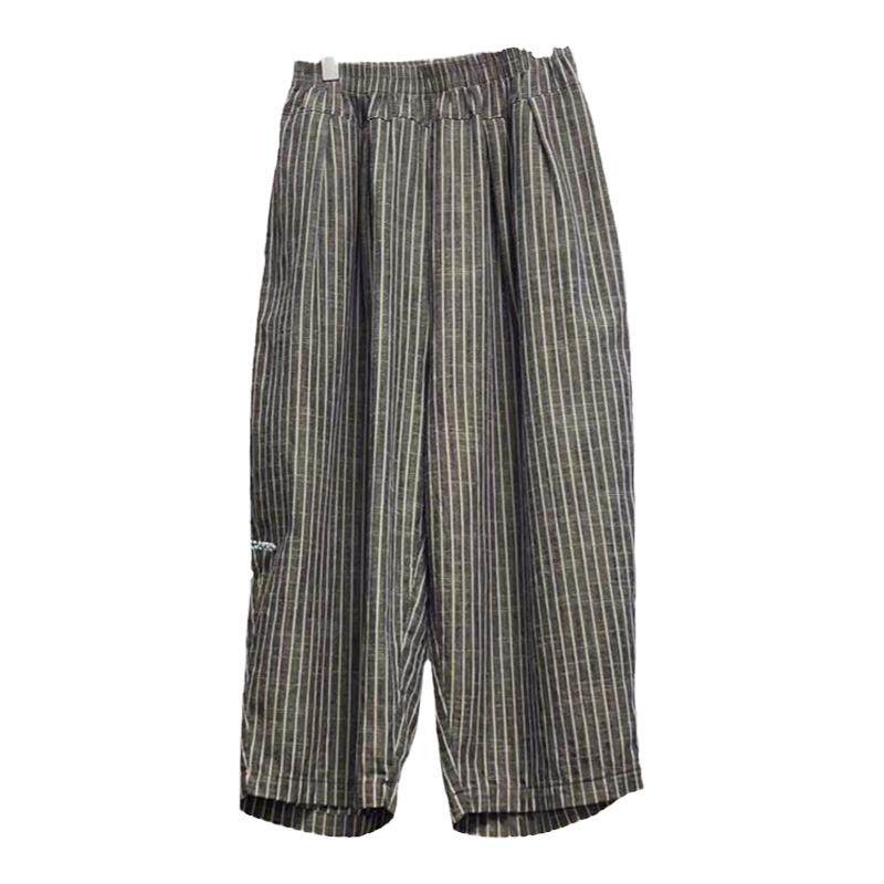 复古棉麻裤女条纹休闲裤百搭夏季休闲大码九分松紧宽松显瘦哈伦裤