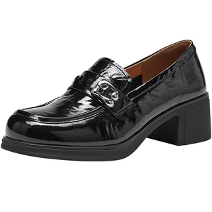 热风粗跟乐福鞋女鞋2026年春季新款女士黑色百搭单鞋时尚小皮鞋