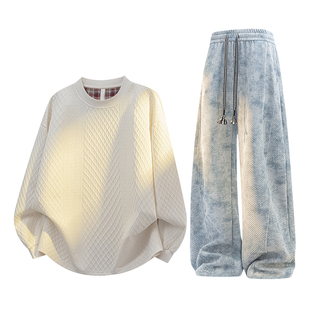 WASSUP PALM运动套装男款2025新款冬季圆领卫衣扎染休闲裤一整套