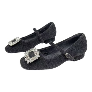 法式粗跟毛毛鞋单鞋女鞋子外穿2026新款水钻加绒水钻玛丽珍晚晚鞋