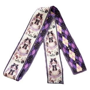 繁星原创设计紫色洛丽塔猫咪印花丝巾领巾甜美百搭绑包扎发丝带女