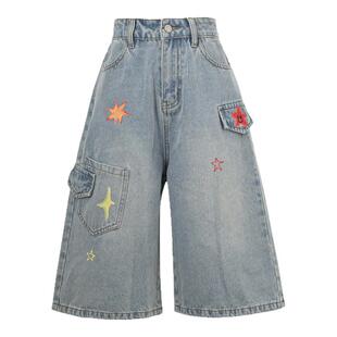 森女部落水洗做旧七分牛仔裤女夏薄款小个子高腰宽松阔腿印花裤子