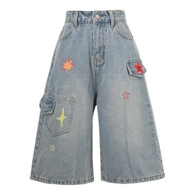 水洗做旧牛仔裤百搭宽松阔腿短裤