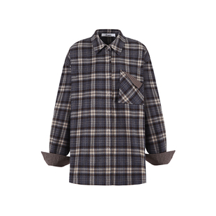 范洛Fano 休闲百搭复古格纹质感金属五爪扣磨毛衬衫女上衣2025冬