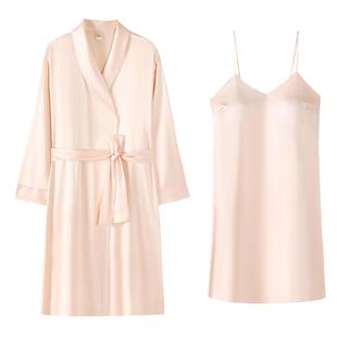 睡袍女睡衣春秋款冰丝长袖吊带睡裙性感仿真丝绸秋冬家居服两件套