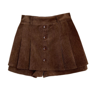 设计感灯芯绒裙裤女秋冬胖m复古减龄百褶高腰条绒A字阔腿短裤外穿