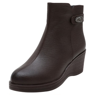 不累脚短靴女春秋单靴坡跟软底真皮女鞋冬季加绒棉鞋中老年妈妈靴