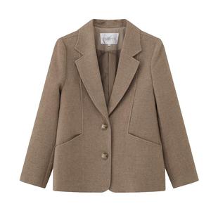 奈格薇儿小个子卡其色毛呢西装外套女2025秋季新款短款羊毛呢大衣