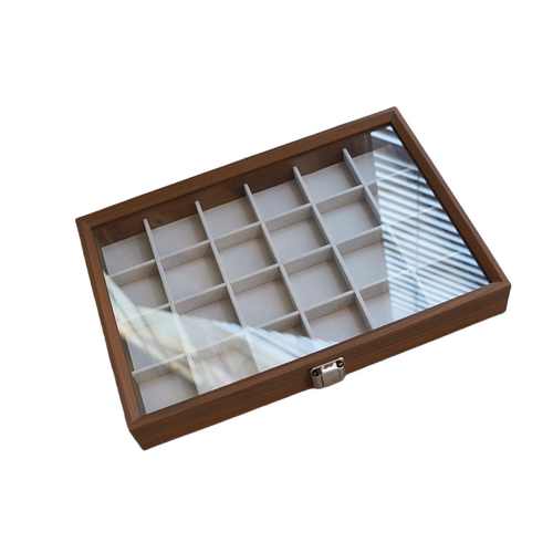24格胡桃木纹防尘带盖首饰收纳盒耳环耳饰串珠文玩胸针格子饰品盒