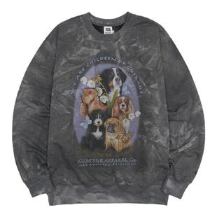 SCULPTOR宽松休闲薄绒扎染狗狗卡通印花套头圆领卫衣女上衣秋冬款