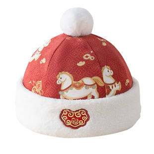 中国风宝宝帽子秋冬季夹棉地主帽婴儿防风保暖喜庆周岁瓜皮套头帽