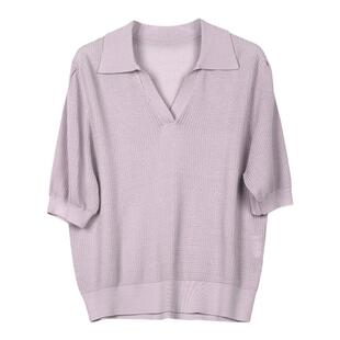 Yifini/易菲五分袖薄款翻领针织衫女初秋新款宽松V领POLO上衣