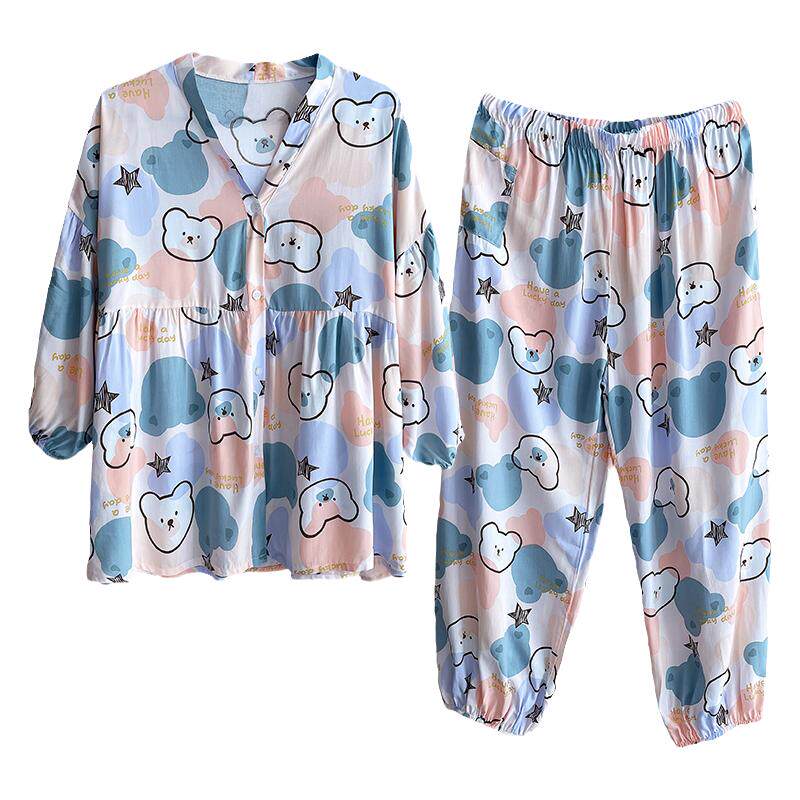 棉绸V领开衫大码睡衣套装女春夏