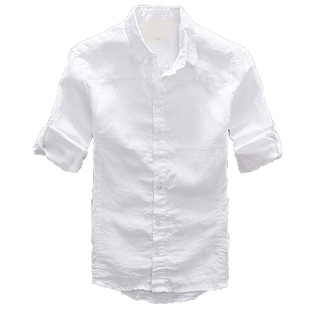 夏季防晒白色清新小翻领长袖纯亚麻衬衫男士休闲修身麻料衬衣男装