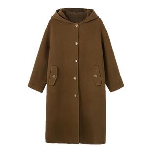 布景毛呢外套女中长款冬季新品简约连帽灯笼袖开叉全羊毛外套1476