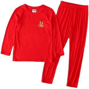 薄款男女童本命年内衣套装马年大红色儿童秋衣秋裤莫代尔12岁保暖