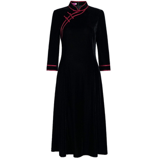 华族经典改良旗袍中长款秋冬新款黑色修身大码金丝绒A字版连衣裙