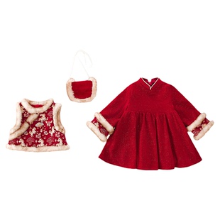 法国Uamtor女小童拜年服新中式套装红色加绒加厚裙中国风过年冬装