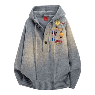 查尔斯桃心 勇者动漫印花深V领毛衣男女秋冬季休闲针织衫情侣外套