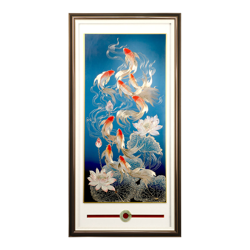 九鱼图锦鲤荷花铜雕画玄关挂画