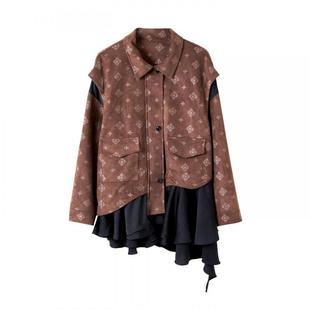 宝诗黎假两件印花拼接外套女2026春季洋气设计感美拉德风休闲上衣