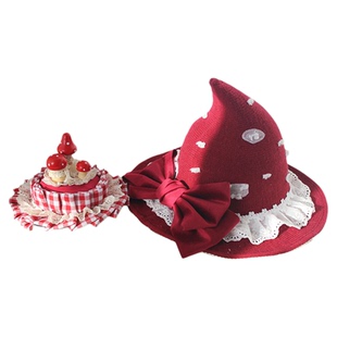 原创手作蘑菇人形搭配小礼帽 手工lolita酒红可爱毒蘑菇尖顶帽子