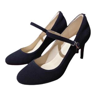 圆头一字带细跟高跟鞋OL职业工作鞋礼仪鞋软皮舒适单鞋浅口低帮鞋