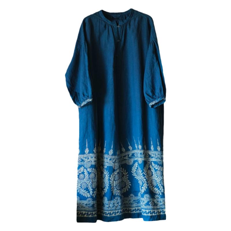 草木染蓝染原创蜡画纯亚麻长裙宽松袍子连衣裙