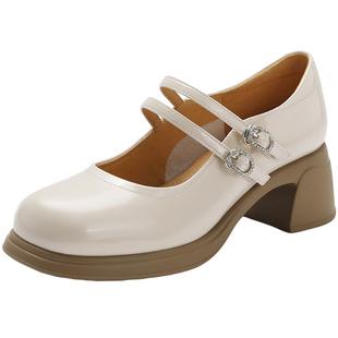 百丽女鞋粗高跟玛丽珍鞋女新款通勤漆皮小皮鞋浅口单鞋子3A601AQ4