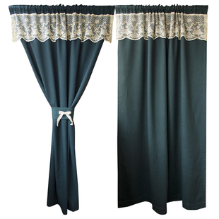 美式乡村复古墨绿色刺绣蕾丝纱幔隔断棉麻门窗帘穿杆卧室客厅田园