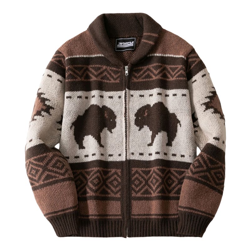 美式西部野牛提花针织开衫男秋冬加厚毛衣民族风外套Men knitwear