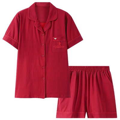 超绝的短袖红色情侣备婚睡衣套装