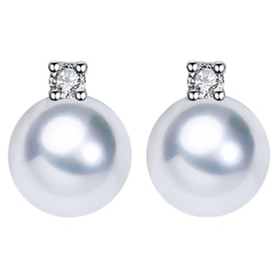 天然海水珍珠耳钉AKOYA真多麻戴王妃款18K金钻石耳环极强光正圆