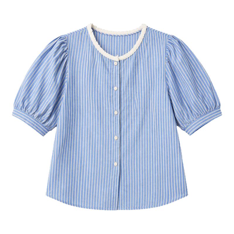 夏季纯棉条纹短袖衬衫女小个子