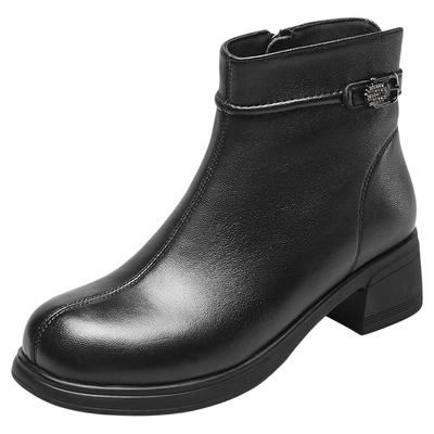 意尔康羊皮妈妈鞋2025冬季新款加绒真皮短靴粗跟棉鞋女洋气女靴子