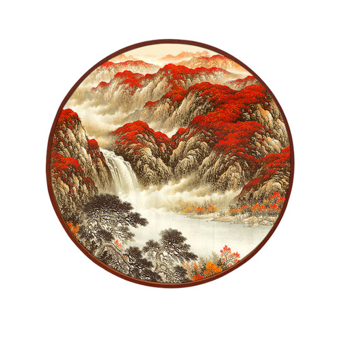 鸿运当头玄关圆形挂画办公室招财壁画新中式客厅装饰画国画山水画