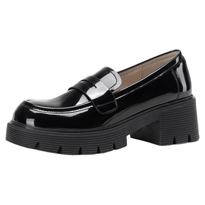 达芙妮粗跟厚底乐福鞋黑色小皮鞋