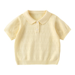 女童春夏款针织衫儿童洋气POLO衫镂空上衣男童毛衣薄款短袖T恤