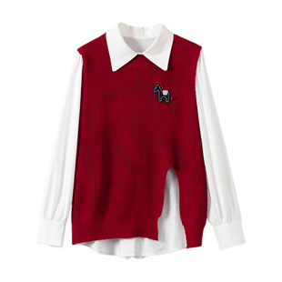 淘么淘【叠穿法宝】早春生肖马刺绣开叉针织马甲+翻领衬衫两件套