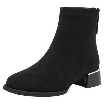 大东官方黑色高跟短靴女2025新款秋冬方头靴子女款绒面弹力瘦瘦靴